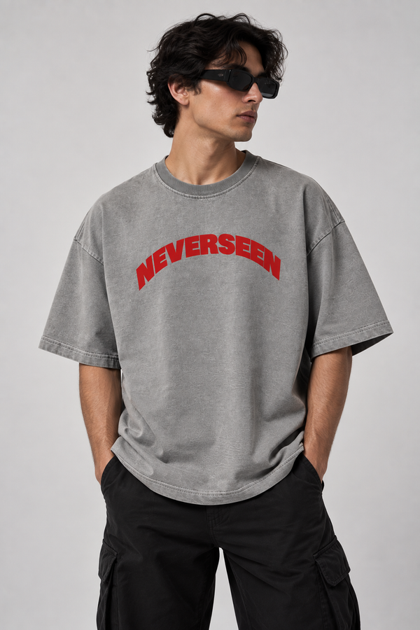 NEVERSEEN Washed Grey Oversized T-Shirt – Red Logo