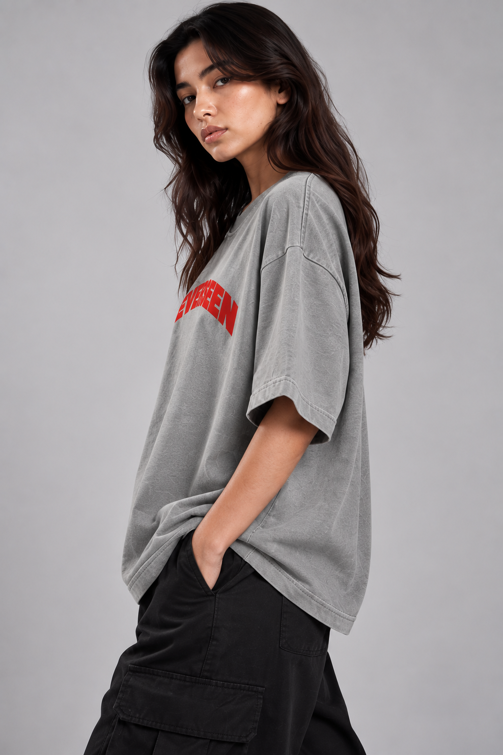 NEVERSEEN Washed Grey Oversized T-Shirt – Red Logo