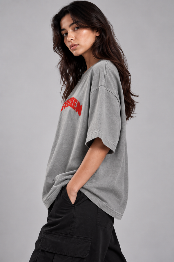 NEVERSEEN Washed Grey Oversized T-Shirt – Red Logo