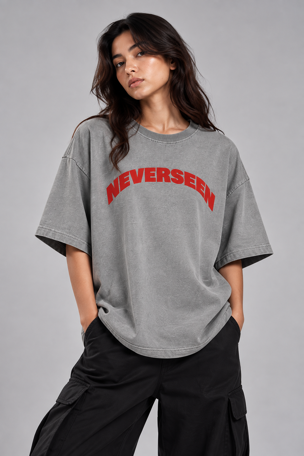NEVERSEEN Washed Grey Oversized T-Shirt – Red Logo