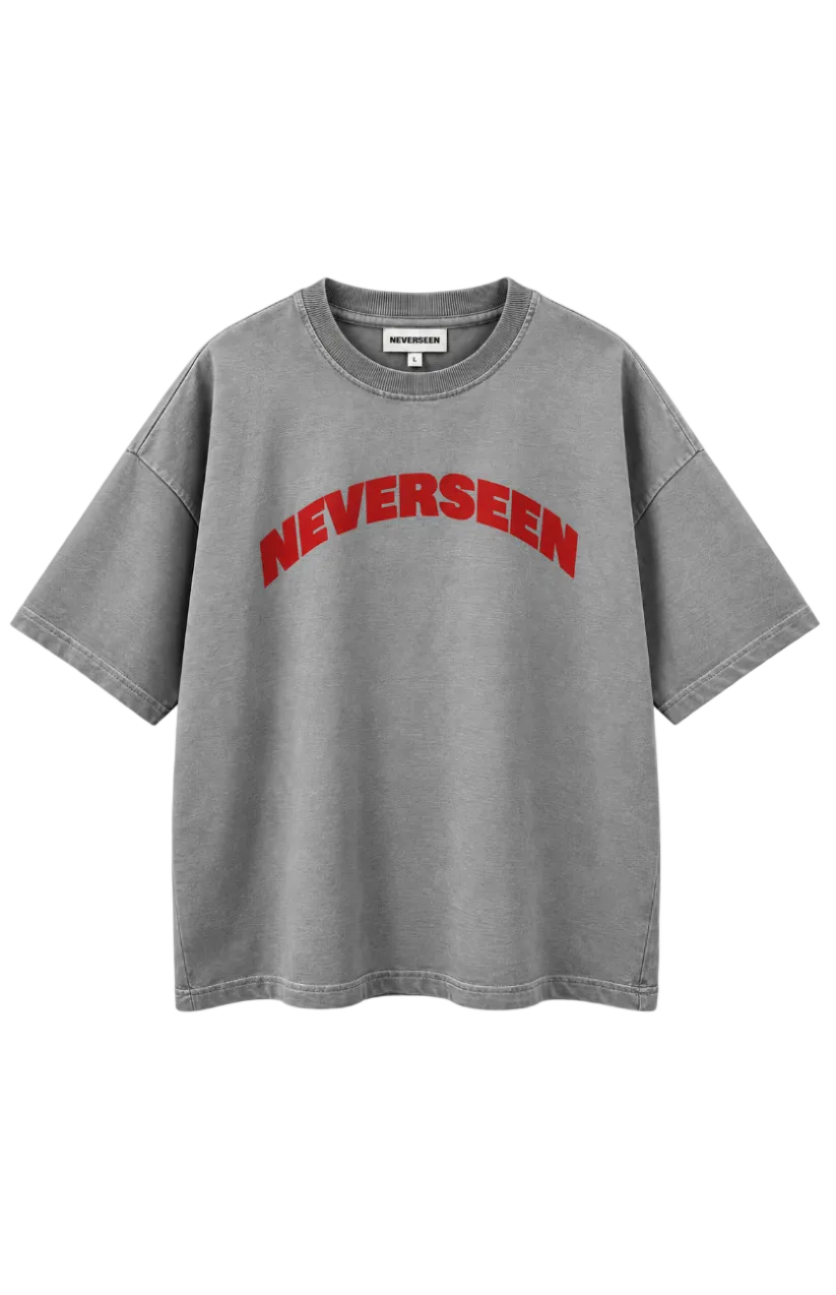 NEVERSEEN Washed Grey Oversized T-Shirt – Red Logo