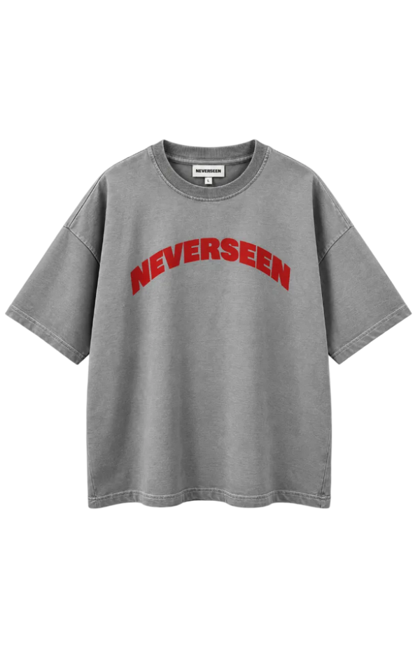 NEVERSEEN Washed Grey Oversized T-Shirt – Red Logo
