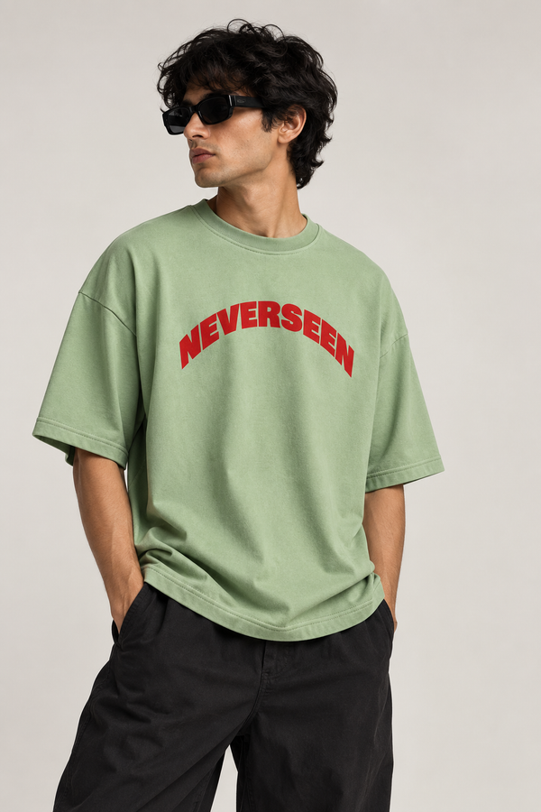 NEVERSEEN Sage Green Oversized T-Shirt | Red Logo Tee