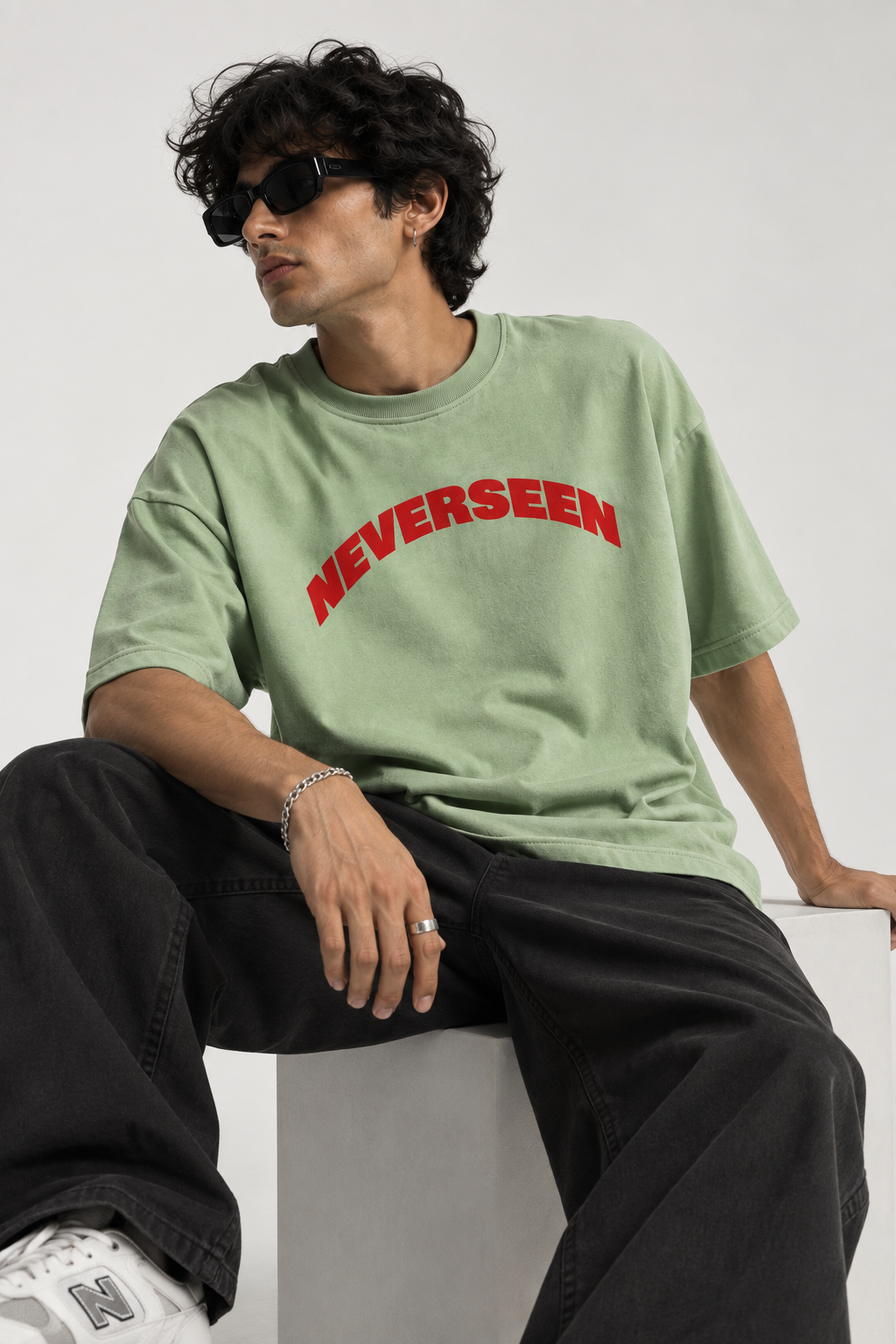 NEVERSEEN Sage Green Oversized T-Shirt | Red Logo Tee