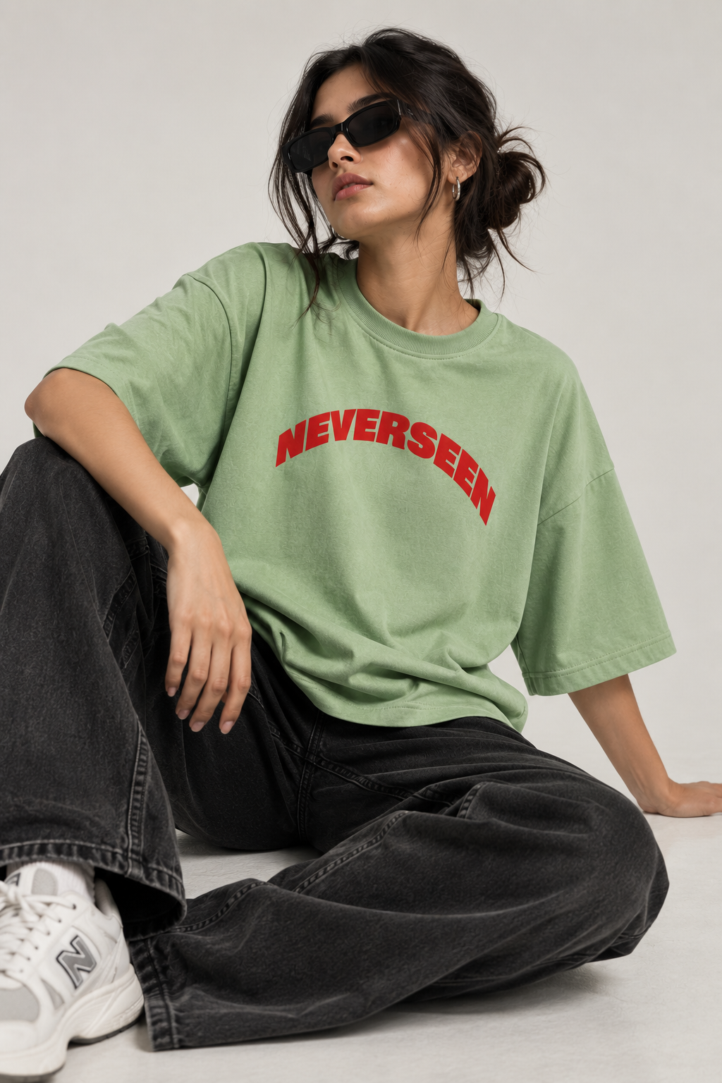 NEVERSEEN Sage Green Oversized T-Shirt | Red Logo Tee