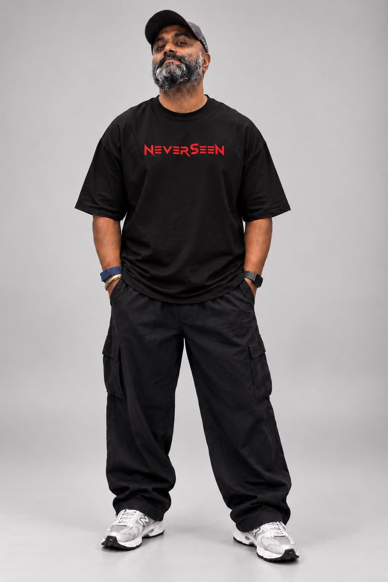 Black NEVERSEEN T-Shirt with Red Graphic | 260 GSM